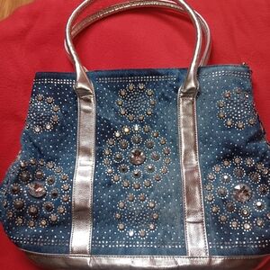 Chic Silver and Blue Embellished Tote Bag